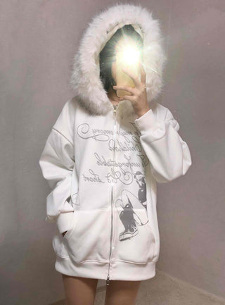 Fur Hood Print Oversized Zip-Up Hoodie