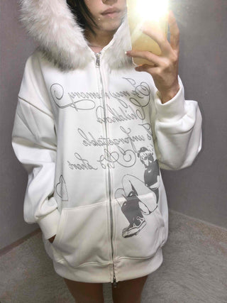 Fur Hood Print Oversized Zip-Up Hoodie