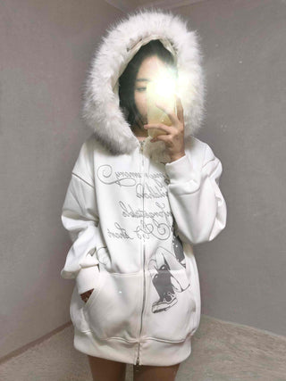 Fur Hood Print Oversized Zip-Up Hoodie