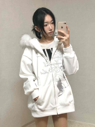 Fur Hood Print Oversized Zip-Up Hoodie