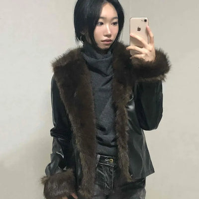Fur-trimmed velvet short cropped jacket