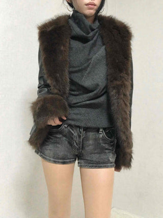 Fur-trimmed velvet short cropped jacket