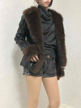 Fur-trimmed velvet short cropped jacket