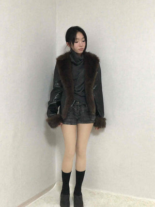 Fur-trimmed velvet short cropped jacket