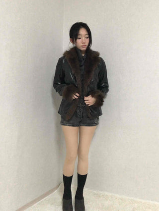 Fur-trimmed velvet short cropped jacket
