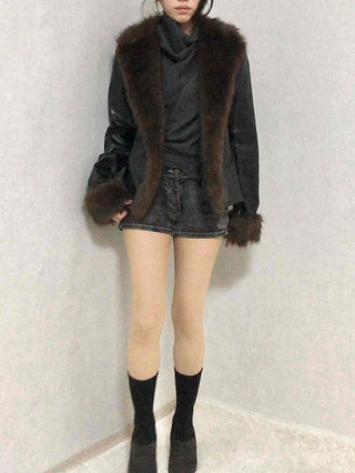 Fur-trimmed velvet short cropped jacket