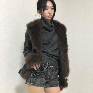 Fur-trimmed velvet short cropped jacket