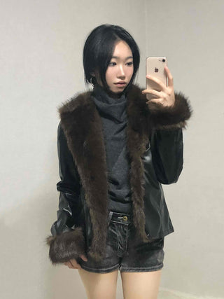 Fur-trimmed velvet short cropped jacket