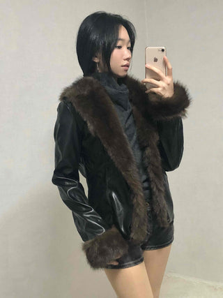 Fur-trimmed velvet short cropped jacket