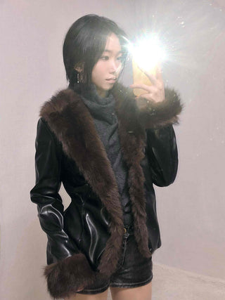 Fur-trimmed velvet short cropped jacket