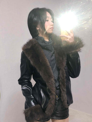 Fur-trimmed velvet short cropped jacket