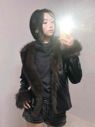 Fur-trimmed velvet short cropped jacket