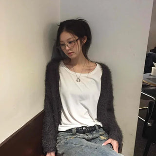 Glam Fluffy Muffler Sleeve Crop Cardigan
