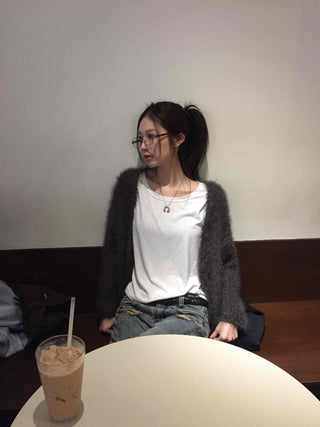 Glam Fluffy Muffler Sleeve Crop Cardigan