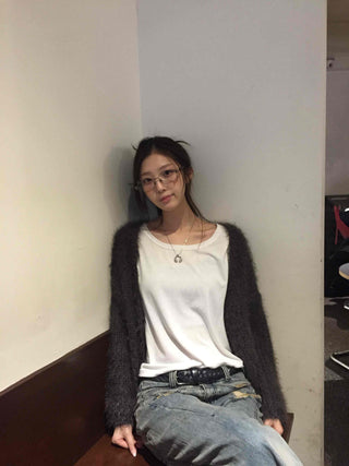 Glam Fluffy Muffler Sleeve Crop Cardigan