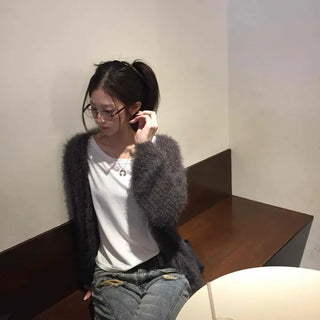 Glam Fluffy Muffler Sleeve Crop Cardigan