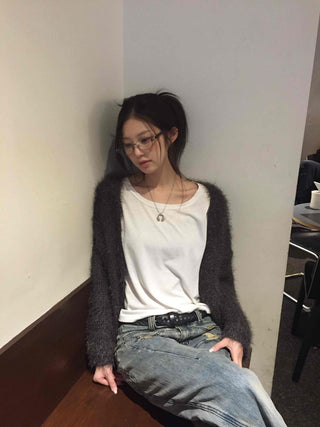 Glam Fluffy Muffler Sleeve Crop Cardigan