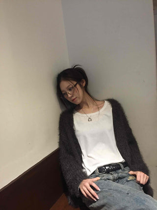 Glam Fluffy Muffler Sleeve Crop Cardigan