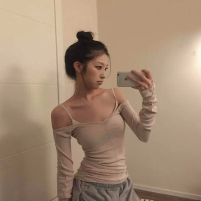 Sexy Cold Shoulder Glitter Slim Fit Long Sleeve Tee
