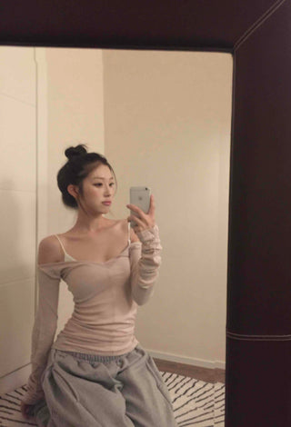 Sexy Cold Shoulder Glitter Slim Fit Long Sleeve Tee