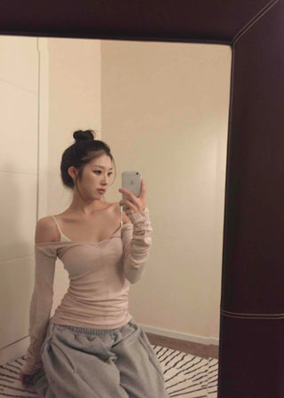 Sexy Cold Shoulder Glitter Slim Fit Long Sleeve Tee