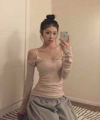 Sexy Cold Shoulder Glitter Slim Fit Long Sleeve Tee
