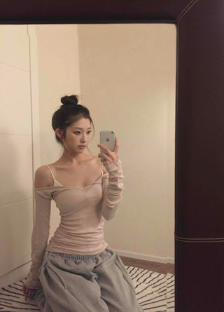 Sexy Cold Shoulder Glitter Slim Fit Long Sleeve Tee