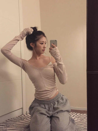 Sexy Cold Shoulder Glitter Slim Fit Long Sleeve Tee