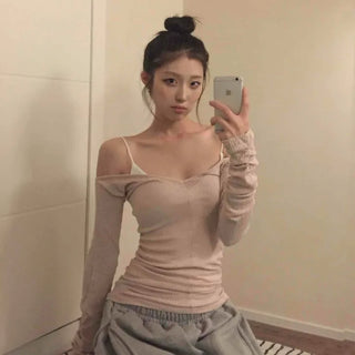 Sexy Cold Shoulder Glitter Slim Fit Long Sleeve Tee