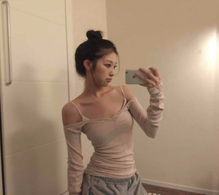 Sexy Cold Shoulder Glitter Slim Fit Long Sleeve Tee
