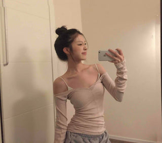 Sexy Cold Shoulder Glitter Slim Fit Long Sleeve Tee