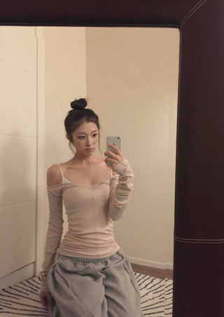 Sexy Cold Shoulder Glitter Slim Fit Long Sleeve Tee