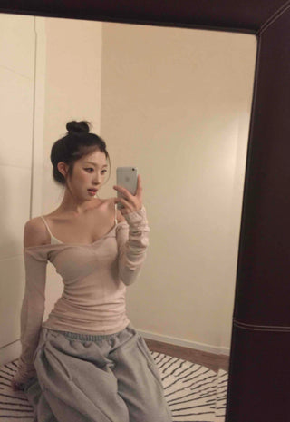 Sexy Cold Shoulder Glitter Slim Fit Long Sleeve Tee