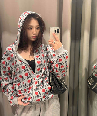 OMG Lettering All-Over Print Zip-Up Hoodie