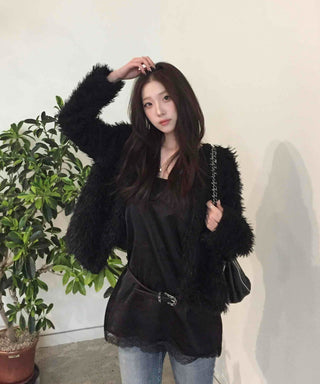 Luxury Fringe Shirred Loose Fit Long Cardigan