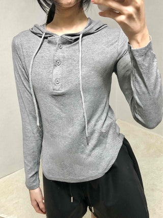Slim Fit Button Hooded Long Sleeve T-shirt