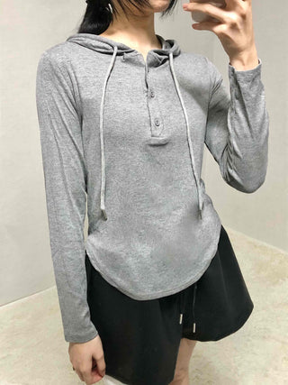 Slim Fit Button Hooded Long Sleeve T-shirt