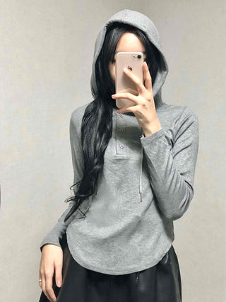 Slim Fit Button Hooded Long Sleeve T-shirt