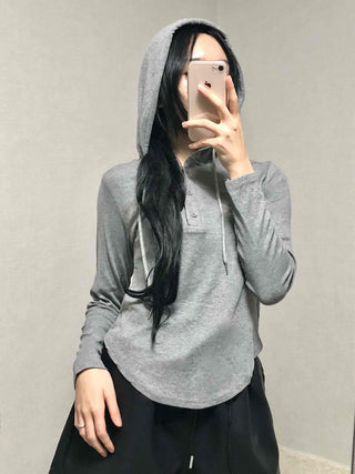 Slim Fit Button Hooded Long Sleeve T-shirt