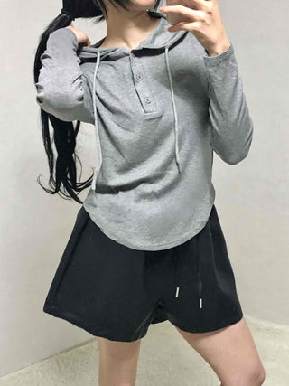 Slim Fit Button Hooded Long Sleeve T-shirt