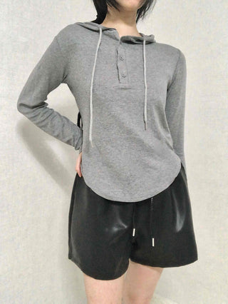 Slim Fit Button Hooded Long Sleeve T-shirt