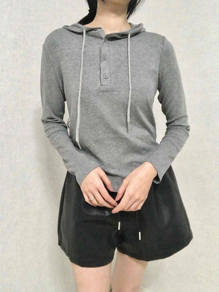 Slim Fit Button Hooded Long Sleeve T-shirt