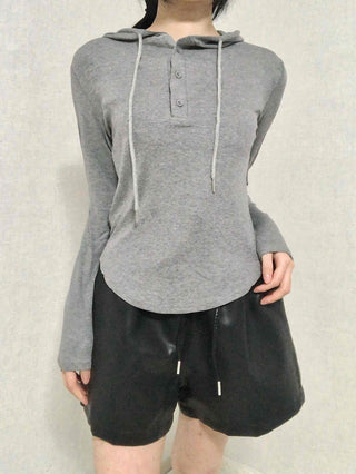 Slim Fit Button Hooded Long Sleeve T-shirt