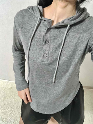 Slim Fit Button Hooded Long Sleeve T-shirt