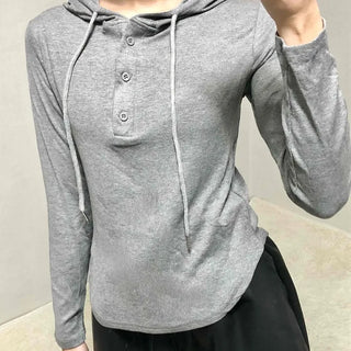 Slim Fit Button Hooded Long Sleeve T-shirt