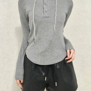 Slim Fit Button Hooded Long Sleeve T-shirt