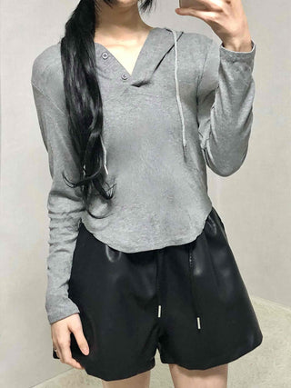 Slim Fit Button Hooded Long Sleeve T-shirt