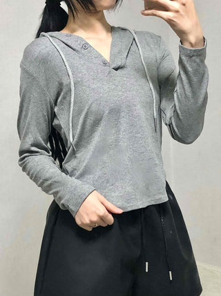 Slim Fit Button Hooded Long Sleeve T-shirt