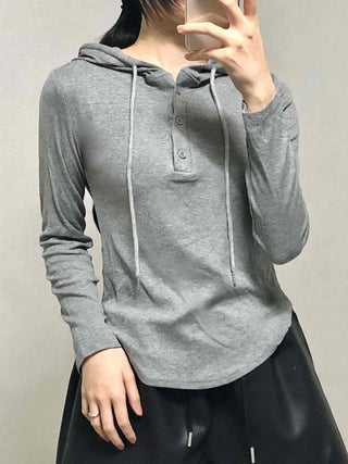 Slim Fit Button Hooded Long Sleeve T-shirt