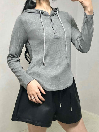 Slim Fit Button Hooded Long Sleeve T-shirt
